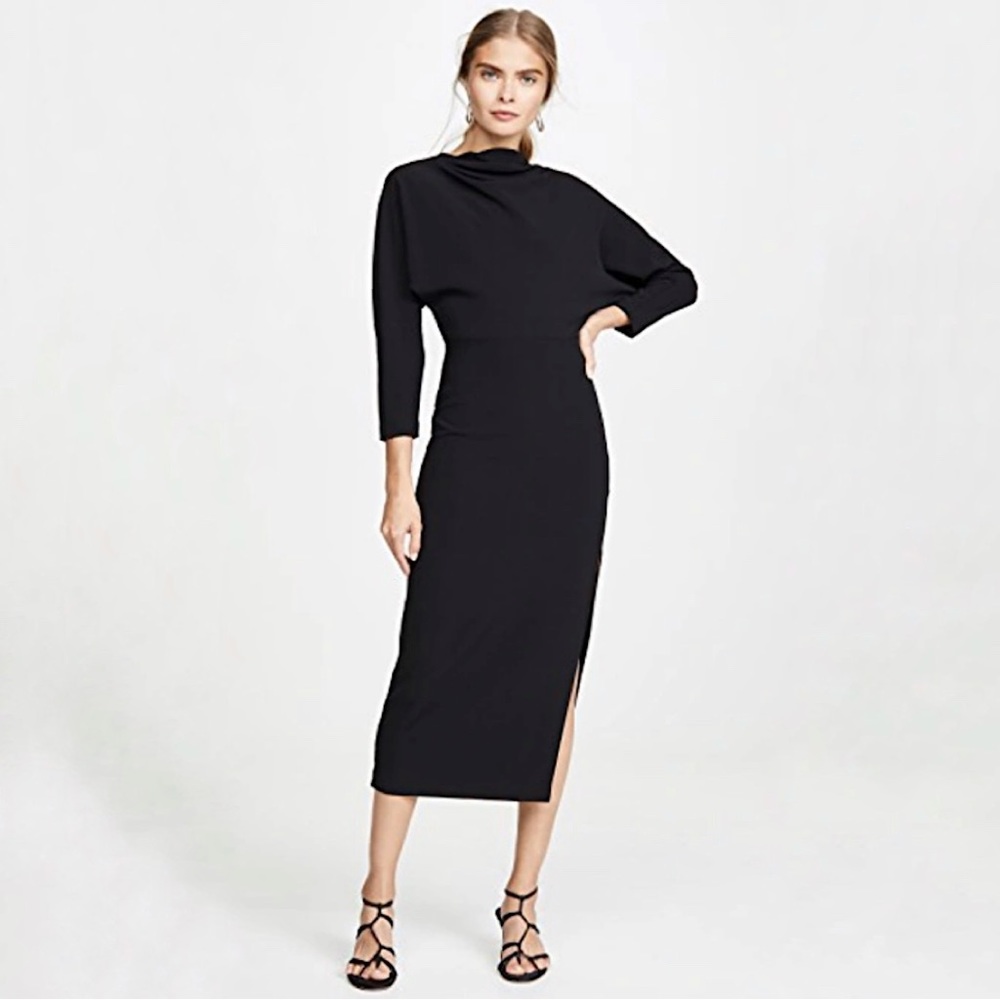 A.L.C. Naveen Draped Cowl Neck Dolman Sleeve Midi Dress Black 0 XS